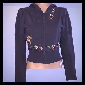 Anthropologie Black Zip-Up Hoodie with Floral Embroidery